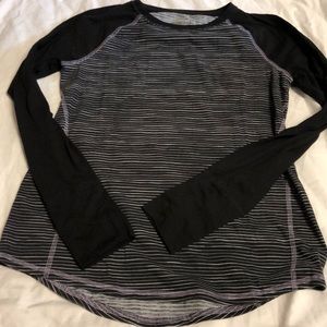 Tek Gear DryTek Womens Long Sleeve Shirt Black and Purple Stripes Thumb Holes S